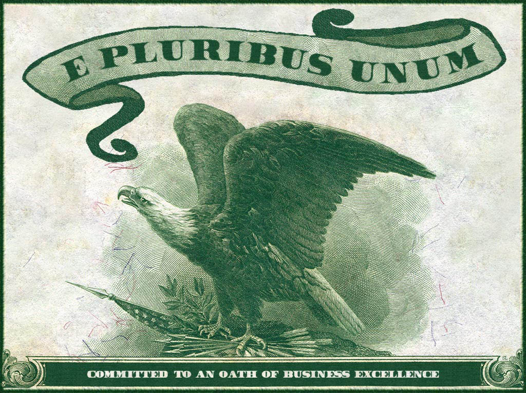 an image of an eagle taken from old US currency, below a banner displaying the words E Pluribus Unum with a subtitle regarding a commitment to an oath of excellence