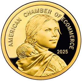 sacagawea dollar coin modified with the chamber name to compliment old painting of her and lewis and clark
